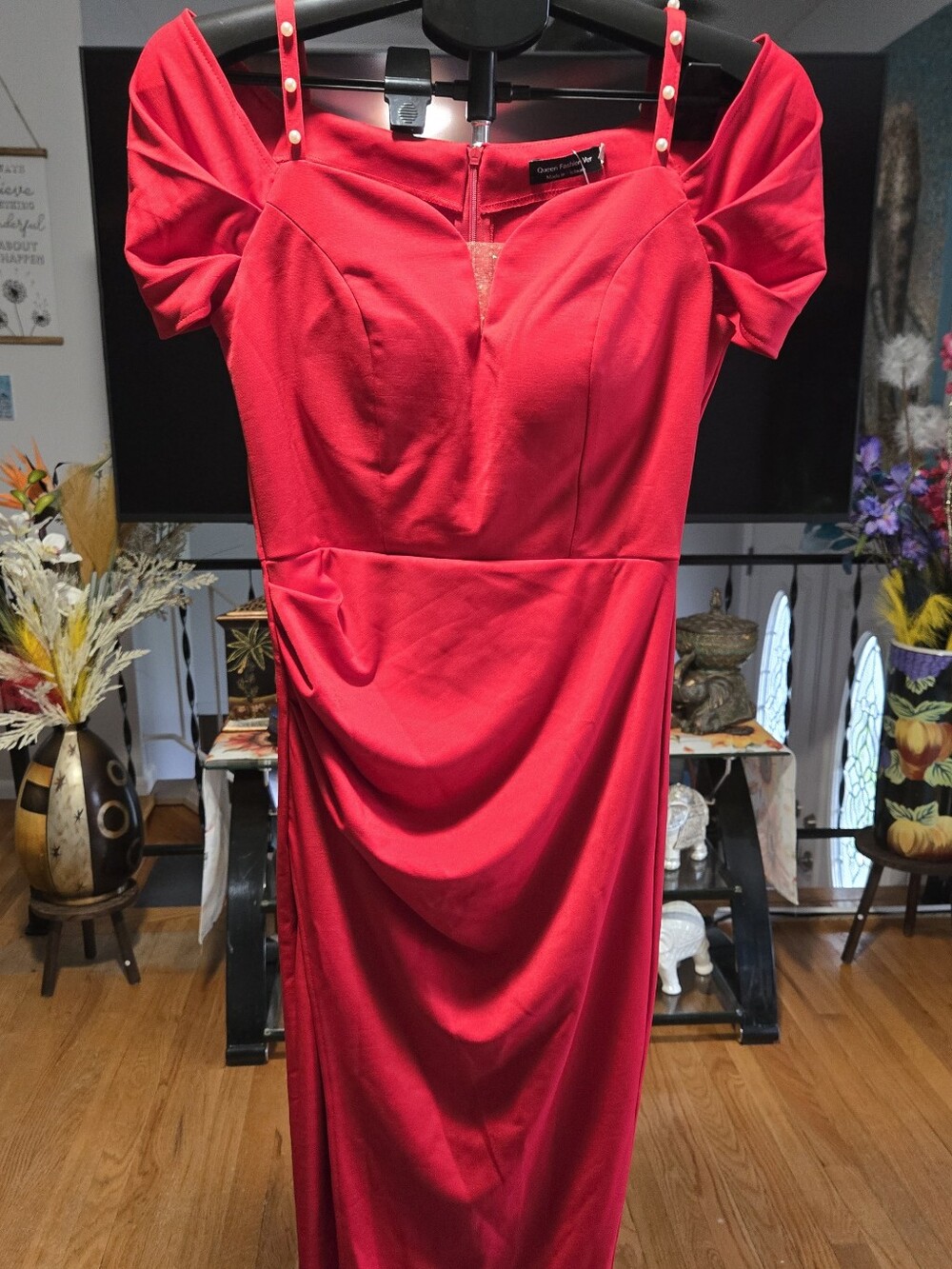 Red Off-Shoulder Midi Dress with Sweetheart Neckline